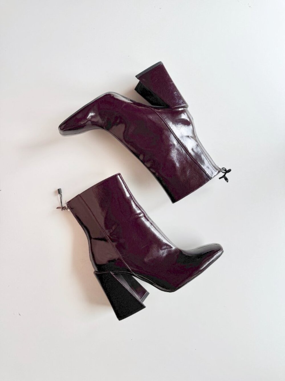 NWOT ZARA Dark Burgundy Patent Faux Leather Block Heel Ankle Boots, Size 40